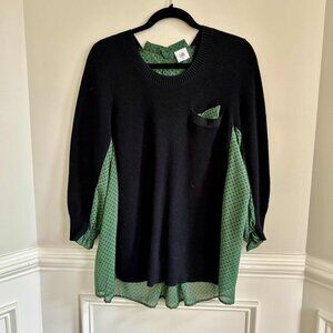 CAbi 3520 Get Together Long Sleeve Mixed Media Sweater Black Green Sheer Medium